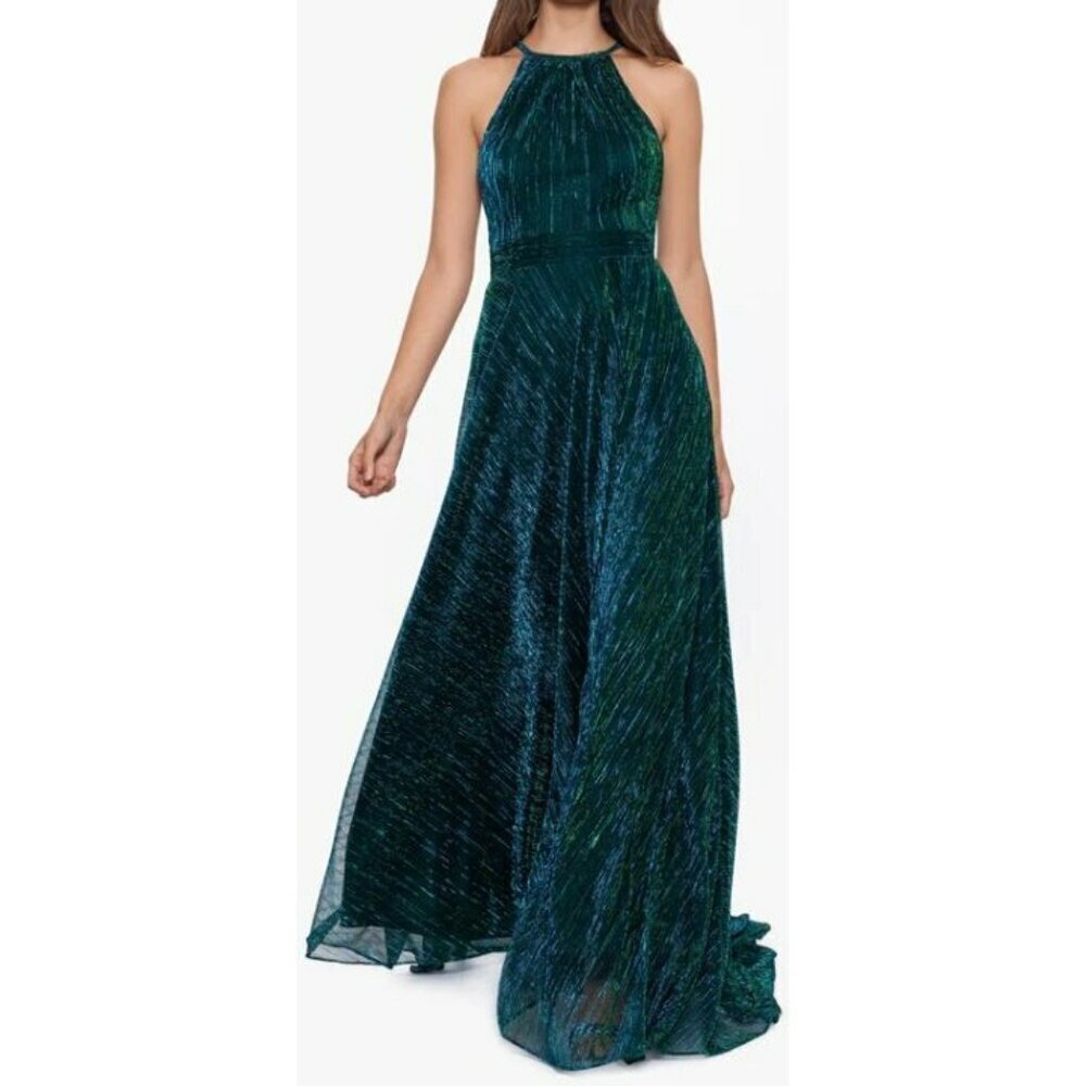 Betsy & Adam $269 Mila Metallic Halter Maxi Formal Gown Dress Sz 2 NWT